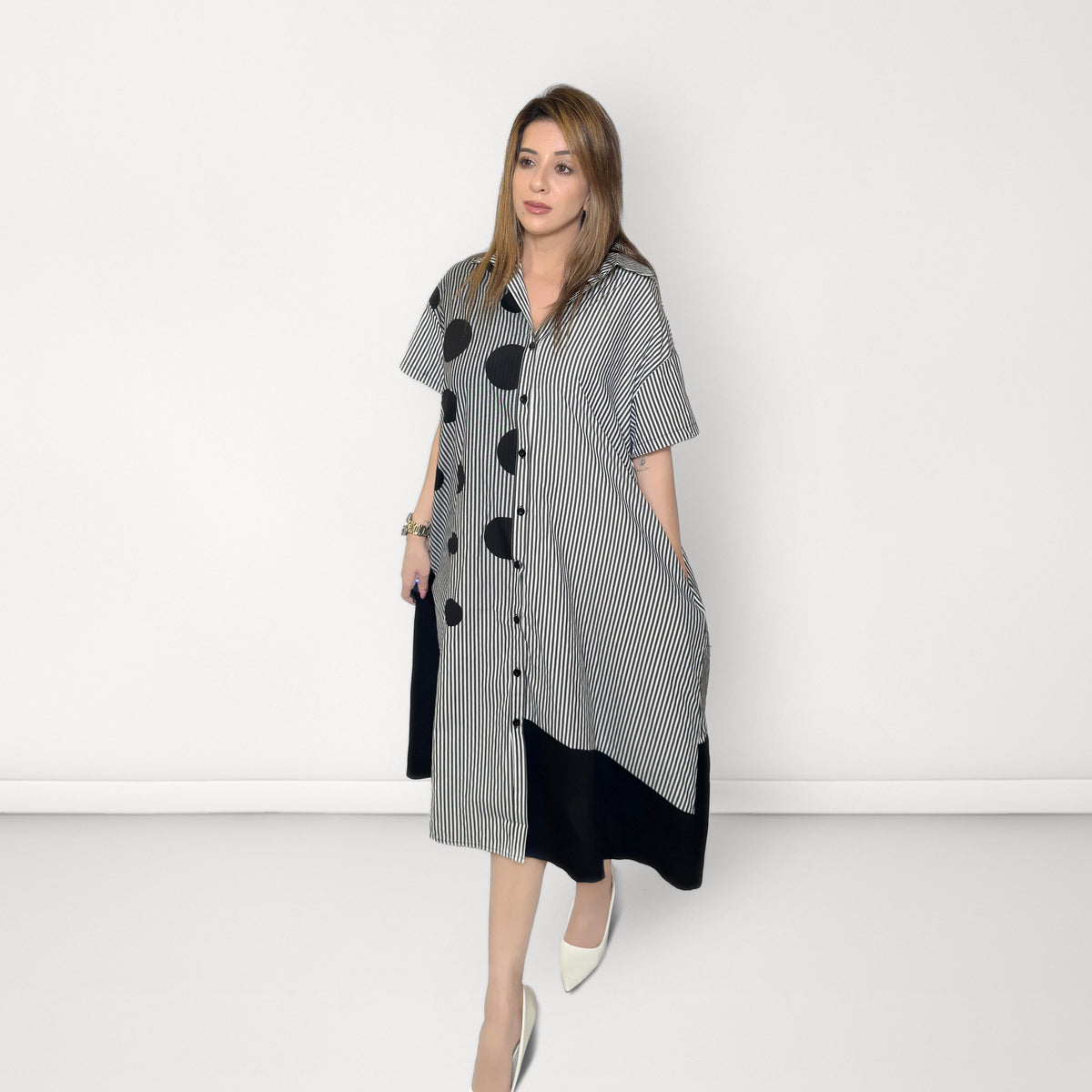 Abstract Stripe Shirt Dress - Black