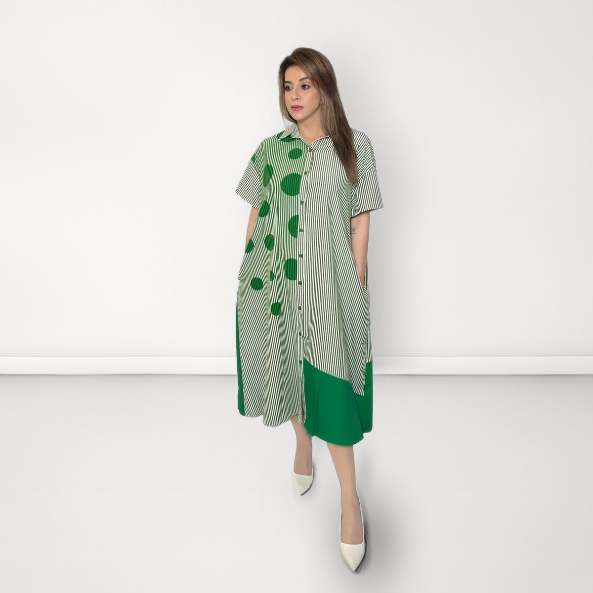 Abstract Stripe Shirt Dress - Green