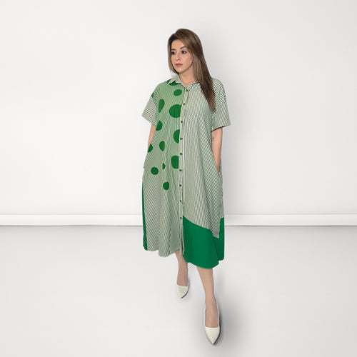 Abstract Stripe Shirt Dress - Green