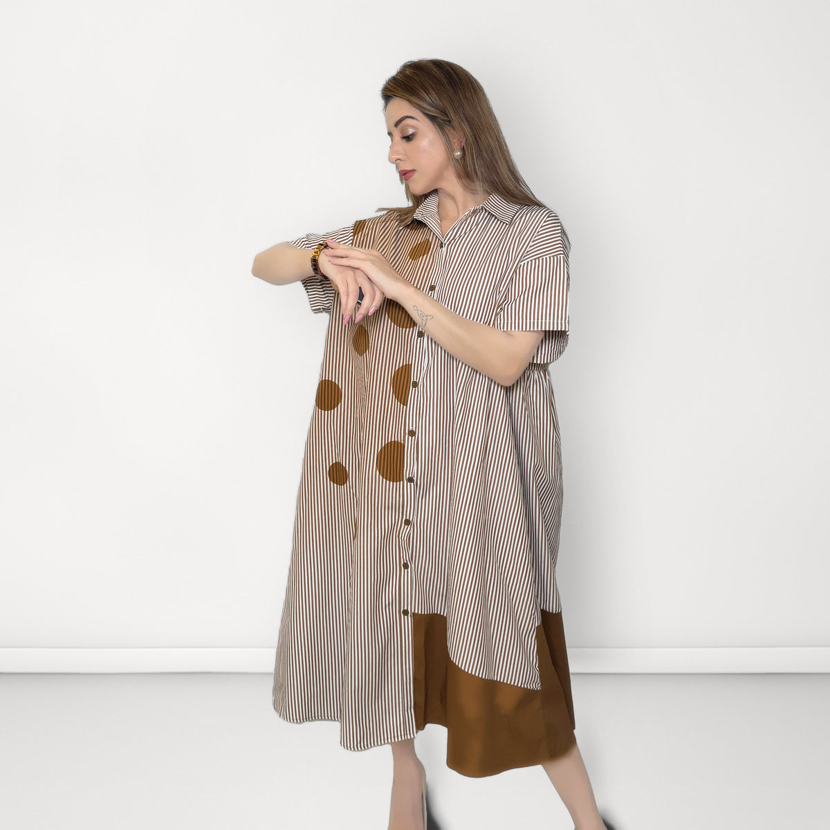 Abstract Stripe Shirt Dress - Light Brown