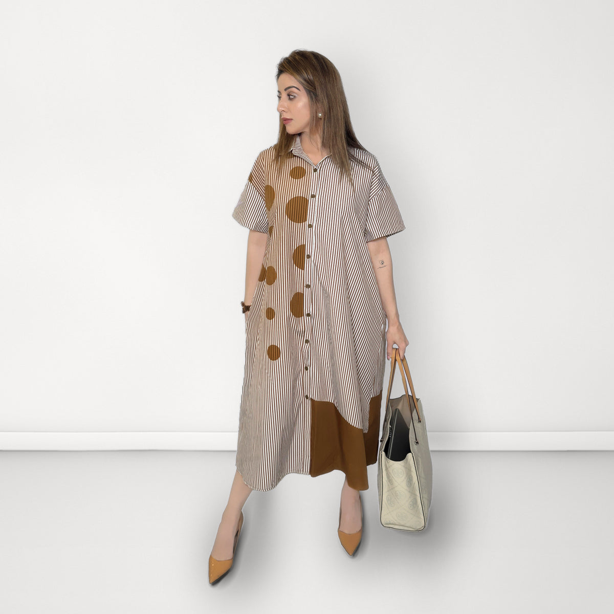 Abstract Stripe Shirt Dress - Light Brown