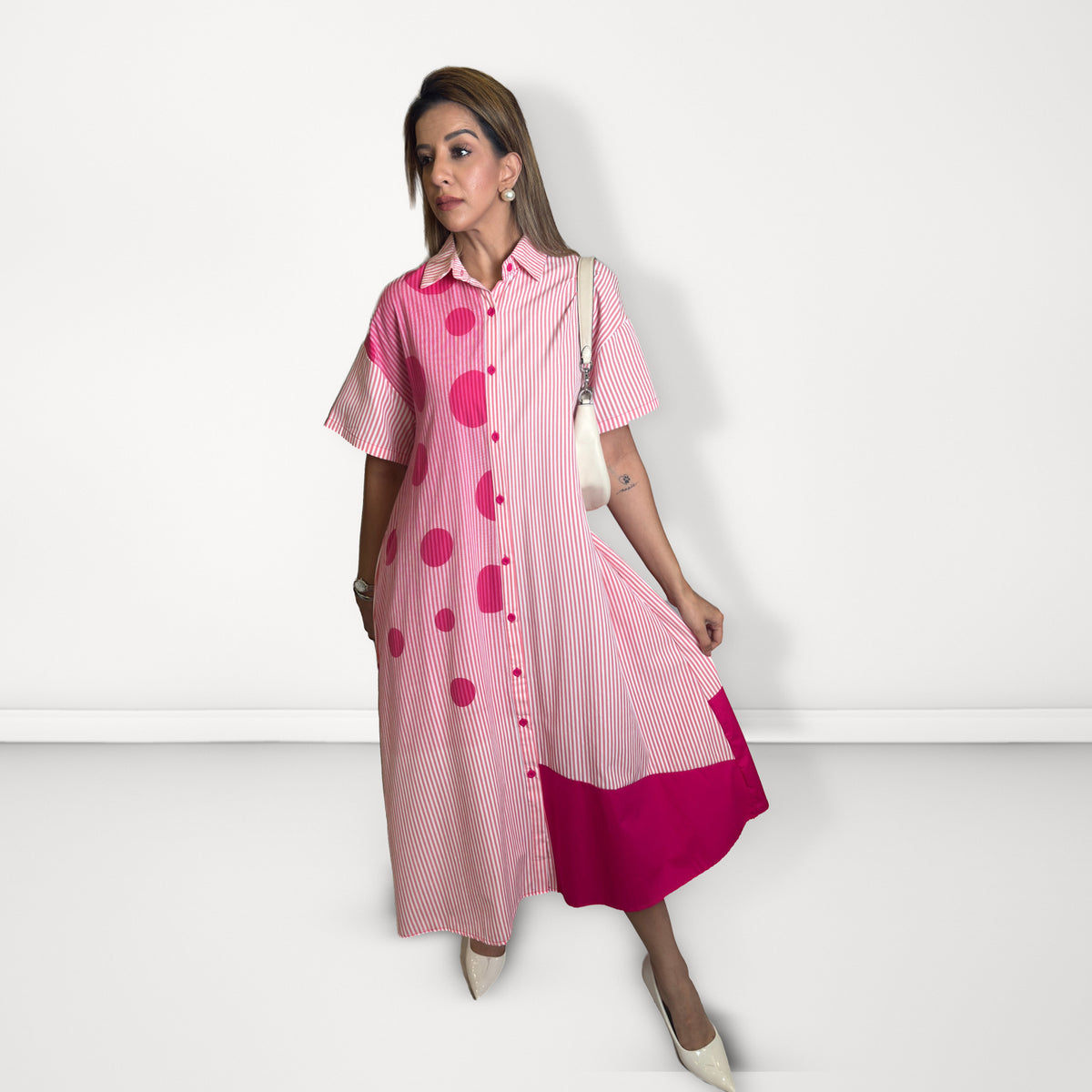 Abstract Stripe Shirt Dress - Pink