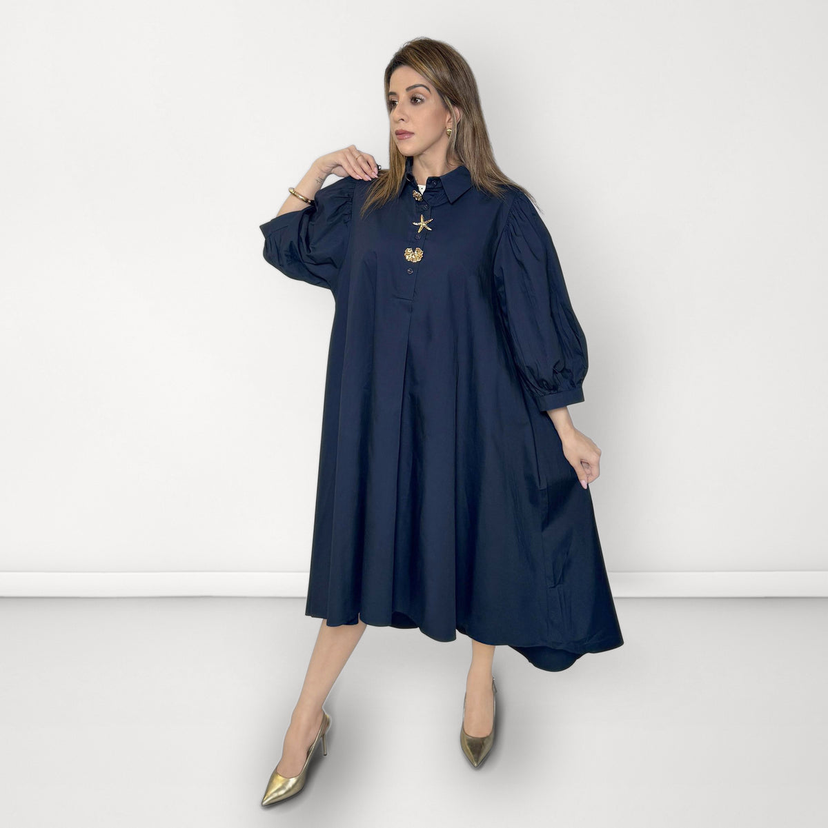 Statement Gold Button Dress - Blue