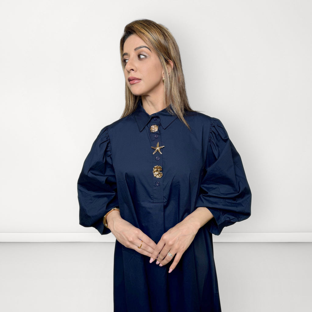 Statement Gold Button Dress - Blue