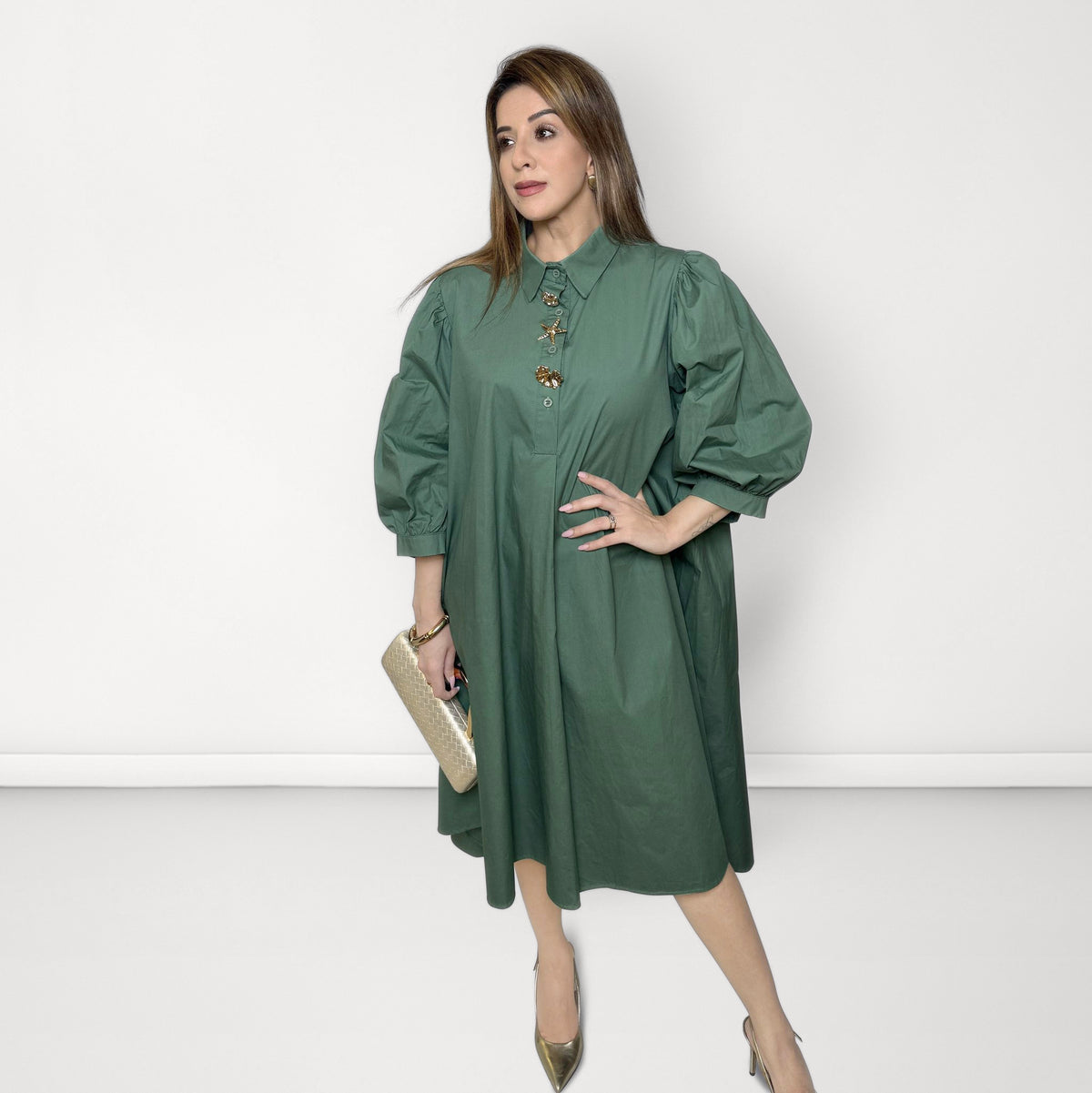Statement Gold Button Dress - Green