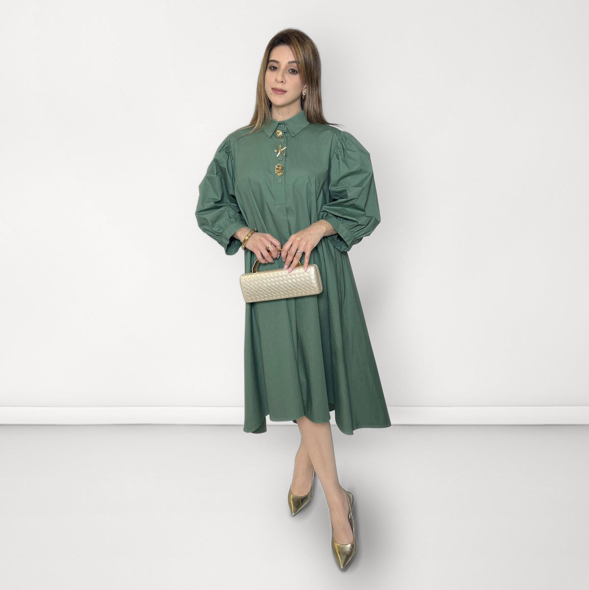 Statement Gold Button Dress - Green