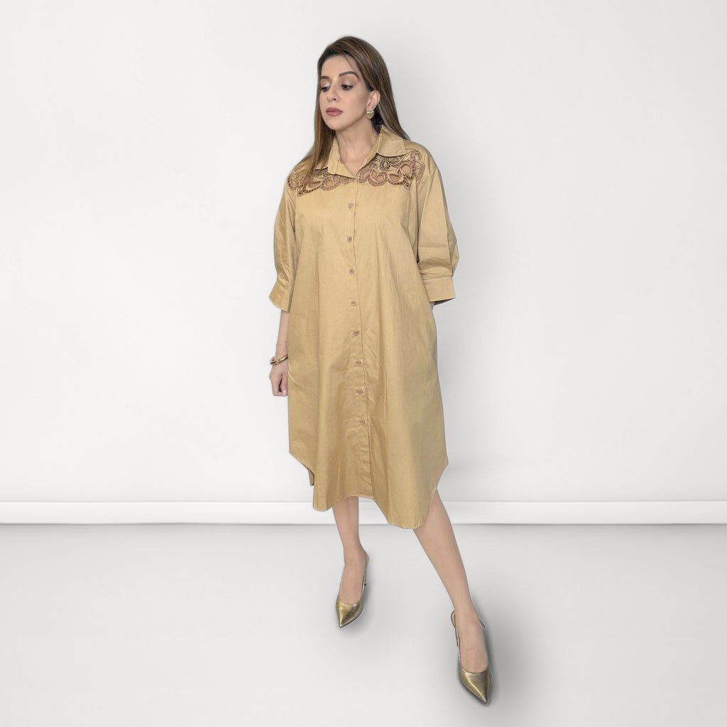 Cutwork Shirt Dress - Beige