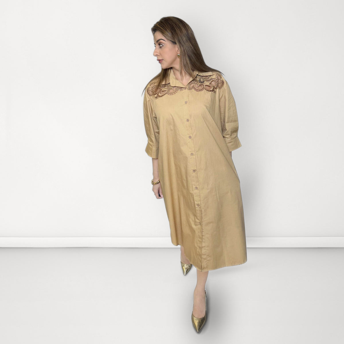 Cutwork Shirt Dress - Beige