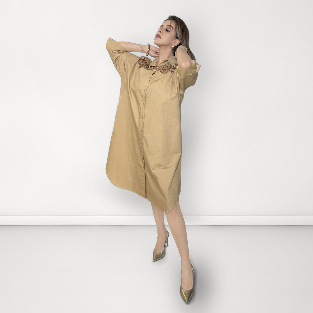 Cutwork Shirt Dress - Beige