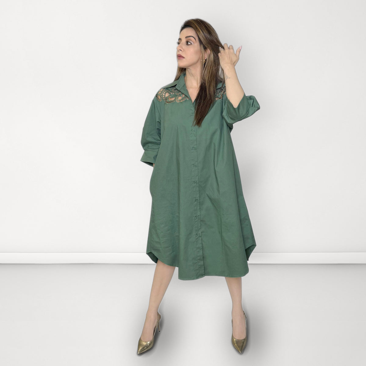 Cutwork Shirt Dress - Green