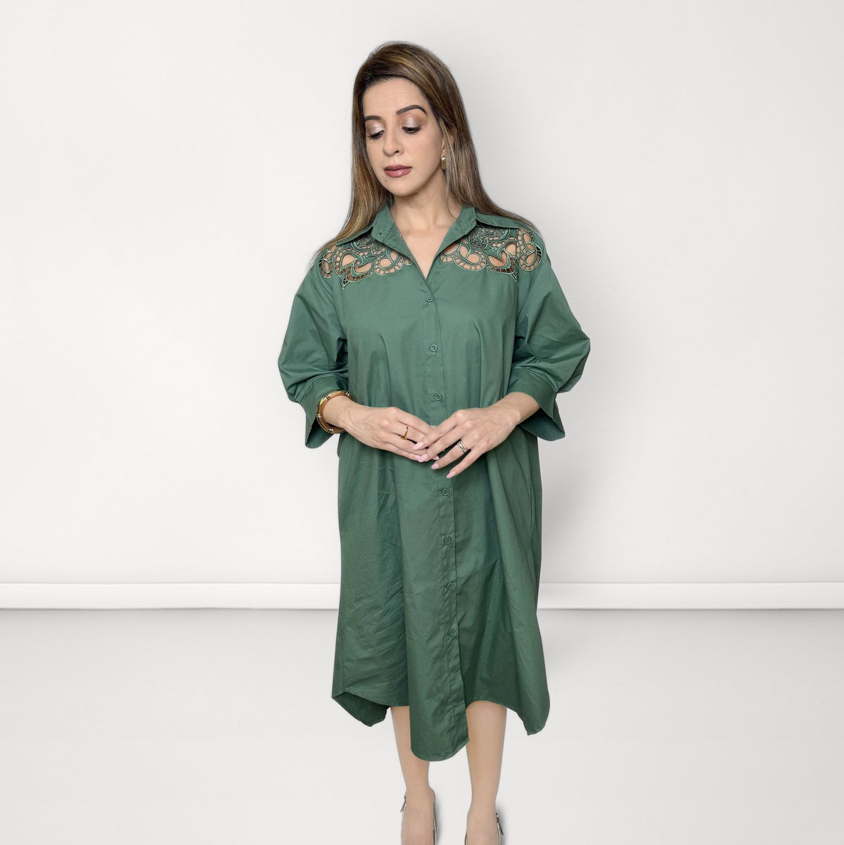 Cutwork Shirt Dress - Green
