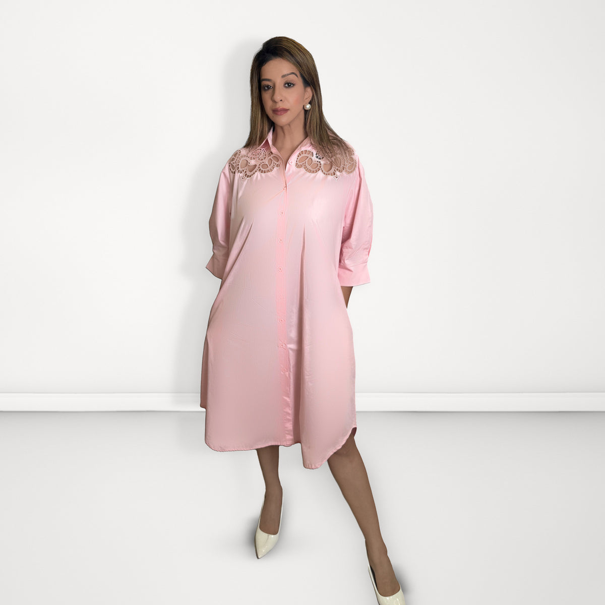 Cutwork Shirt Dress - Light Pink