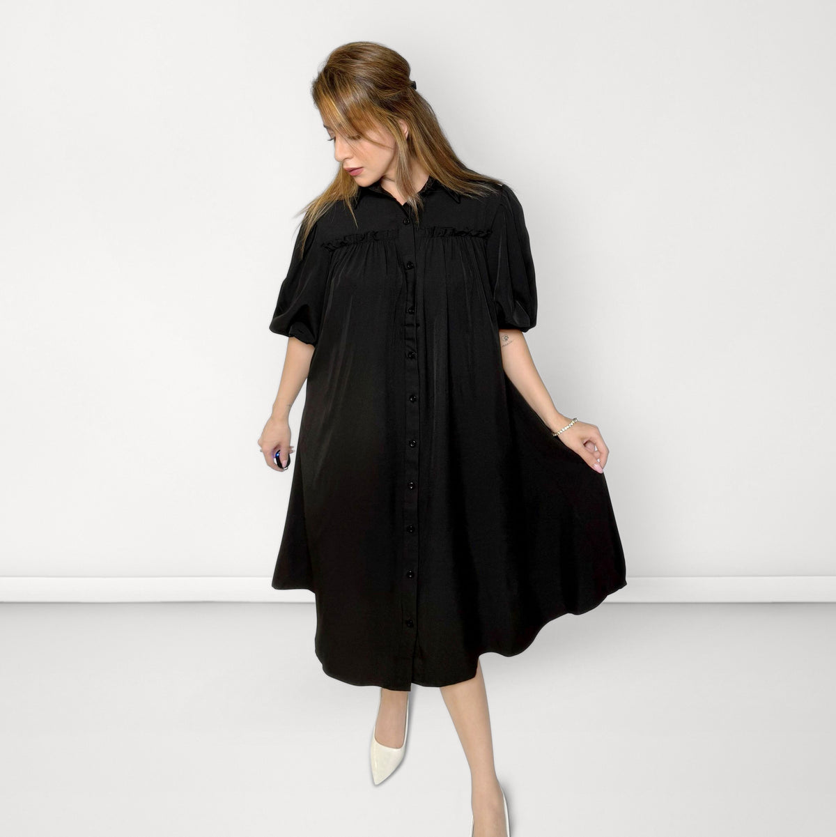 Gathered Shirt Black Dress - Black