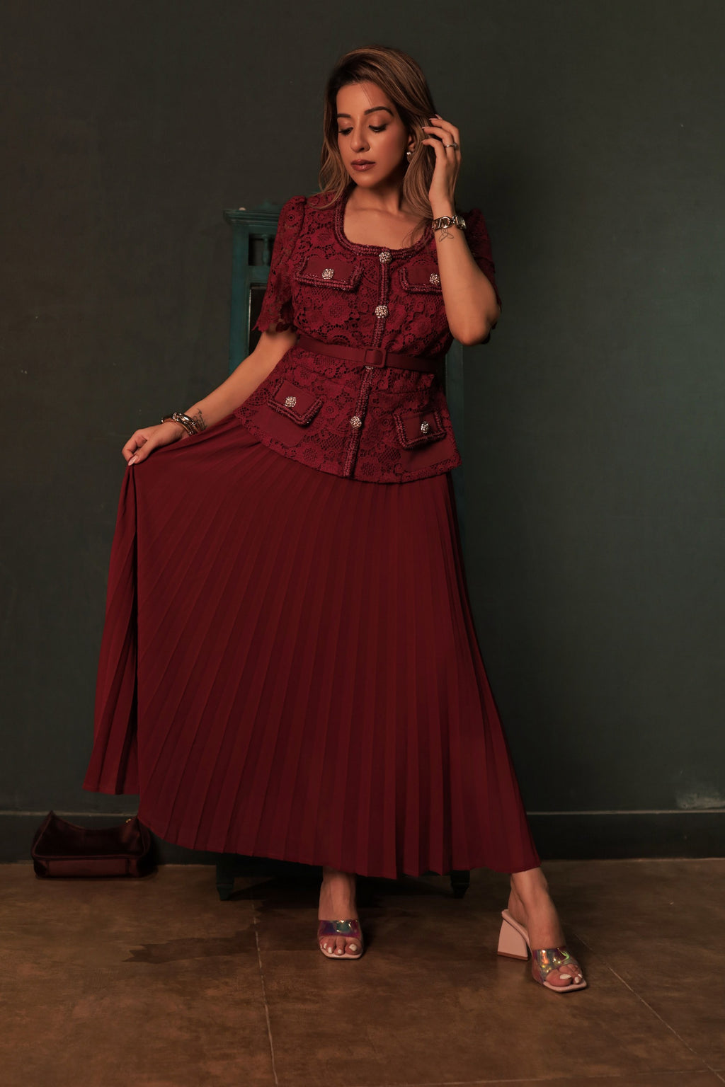Lace Pleated Midi Dress - Crimson Red