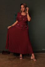 Lace Pleated Midi Dress - Crimson Red