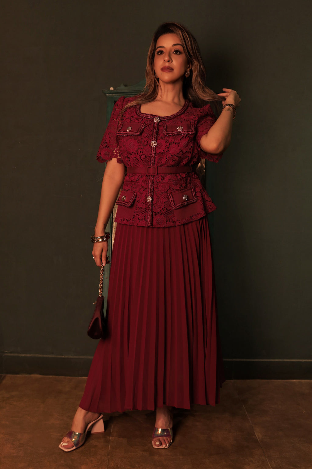 Lace Pleated Midi Dress - Crimson Red
