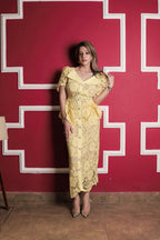 Floral Lace Peplum Belted Dress - Yellow