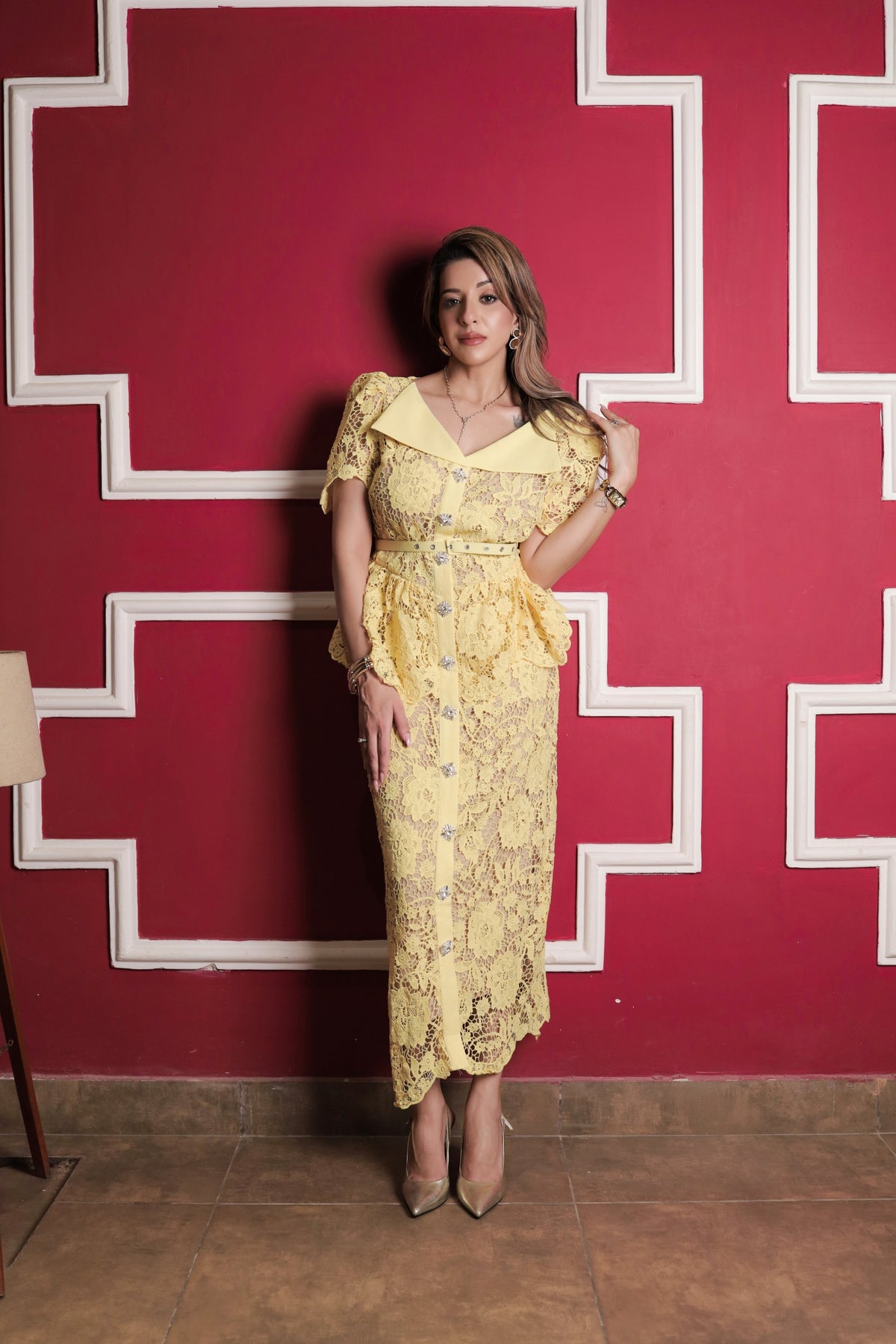 Floral Lace Peplum Belted Dress - Yellow