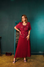 Lace Pleated Midi Dress - Crimson Red