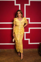 Floral Lace Peplum Belted Dress - Yellow