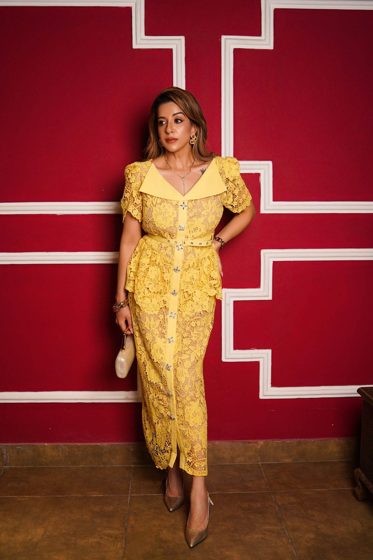 Floral Lace Peplum Belted Dress - Yellow