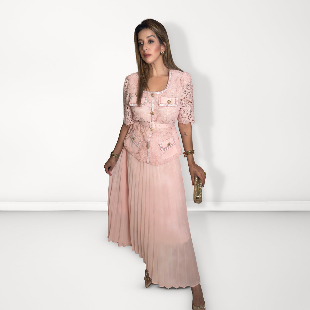 Lace Pleated Midi Dress - Light Pink