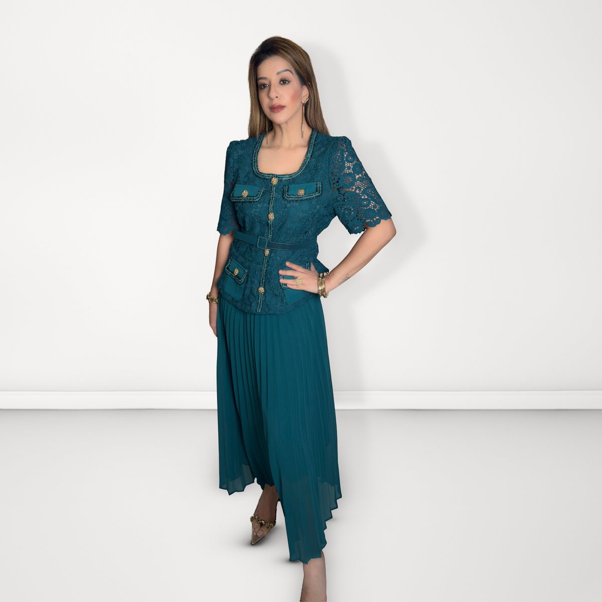 Lace Pleated Midi Dress - Teal Blue