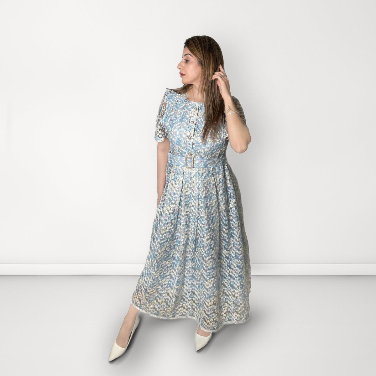 Floral Midi Dress with Belt - Blue