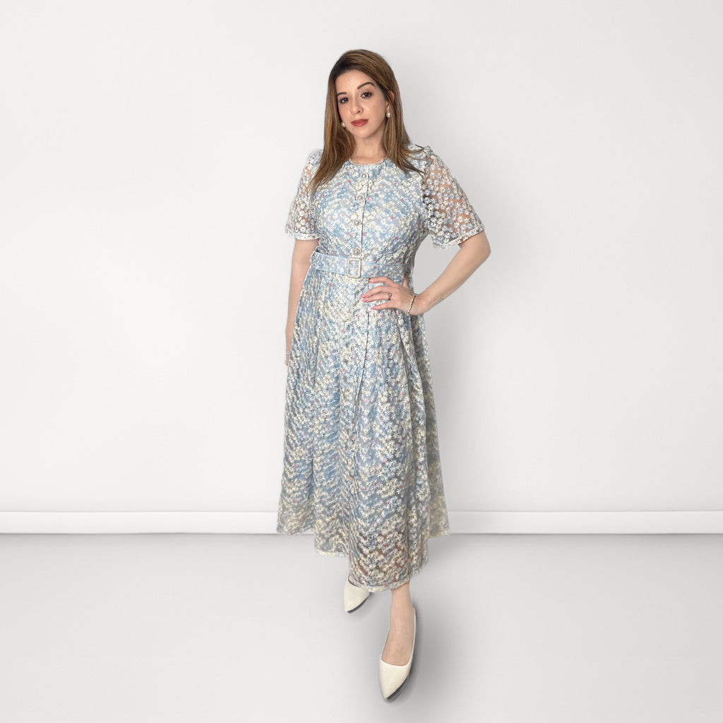 Floral Midi Dress with Belt - Blue