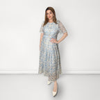 Floral Midi Dress with Belt - Blue