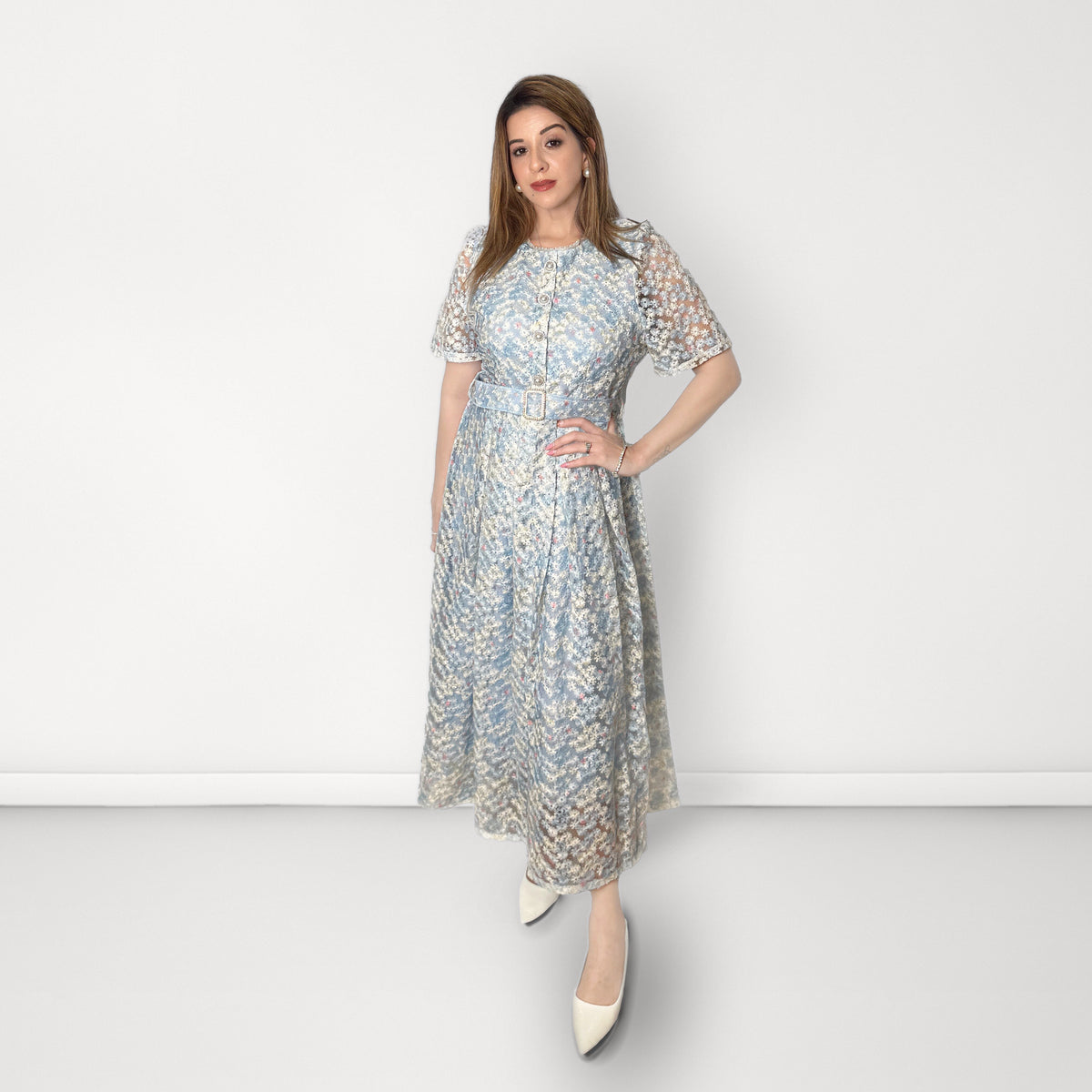 Floral Midi Dress with Belt - Blue