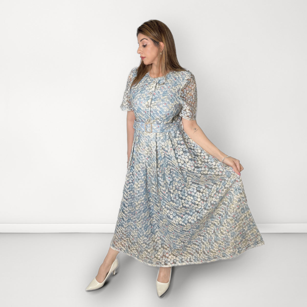 Floral Midi Dress with Belt - Blue