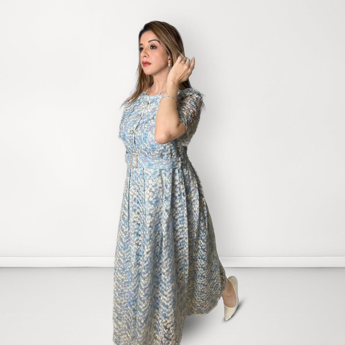 Floral Midi Dress with Belt - Blue