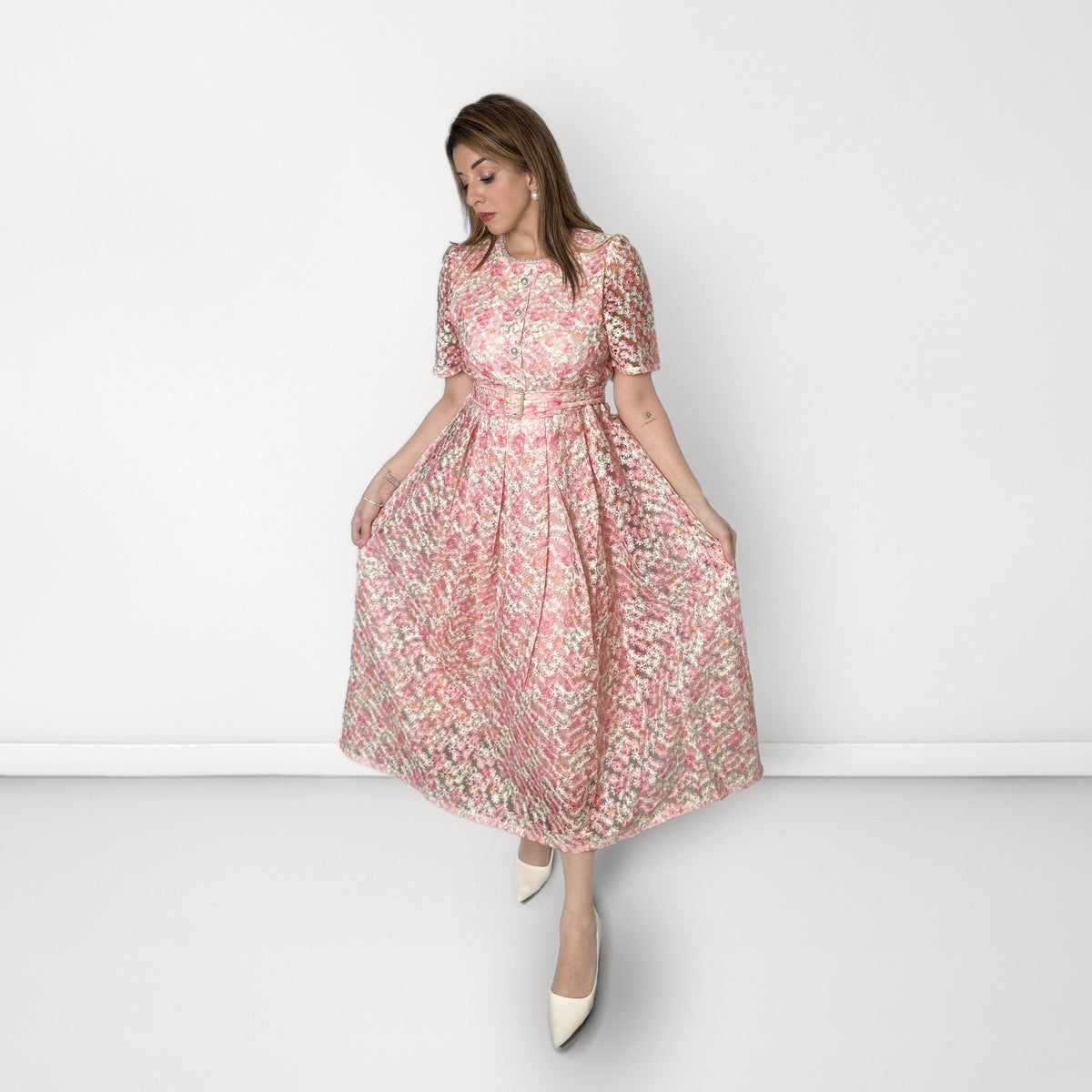 Floral Midi Dress with Belt - Pink
