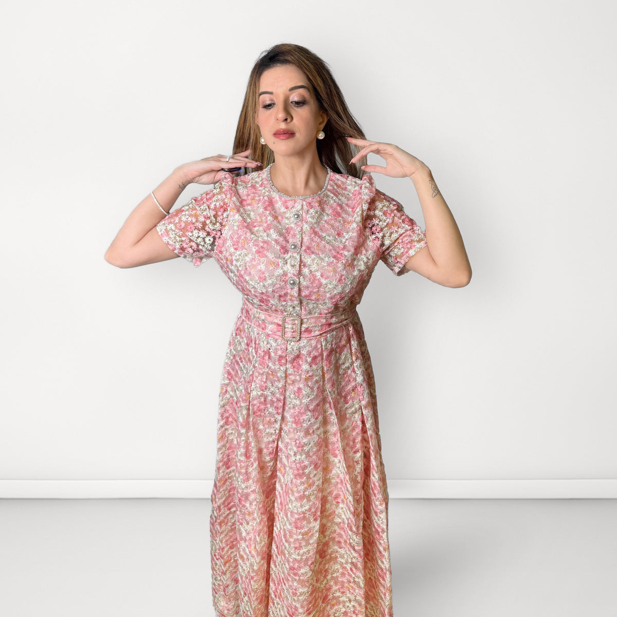 Floral Midi Dress with Belt - Pink