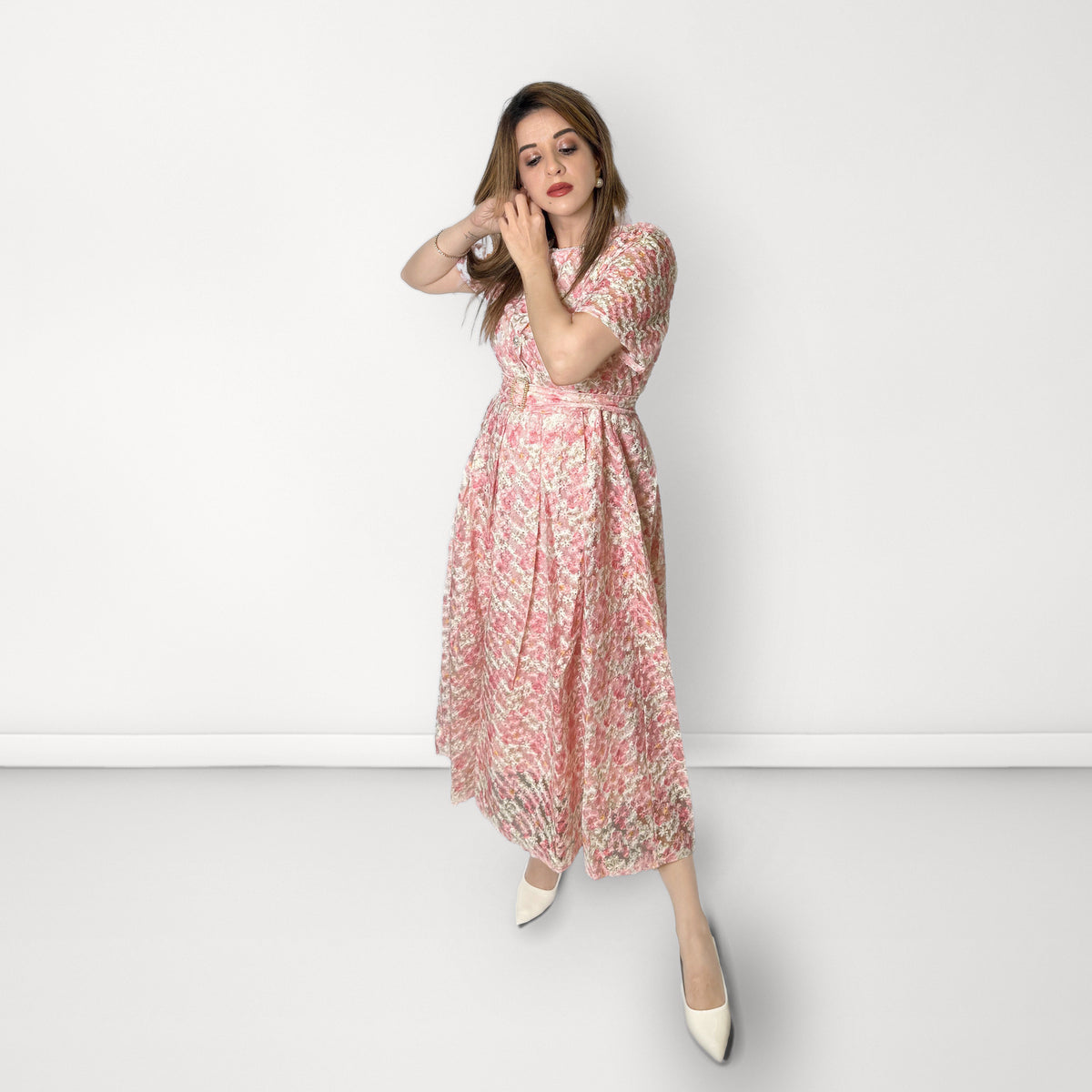 Floral Midi Dress with Belt - Pink