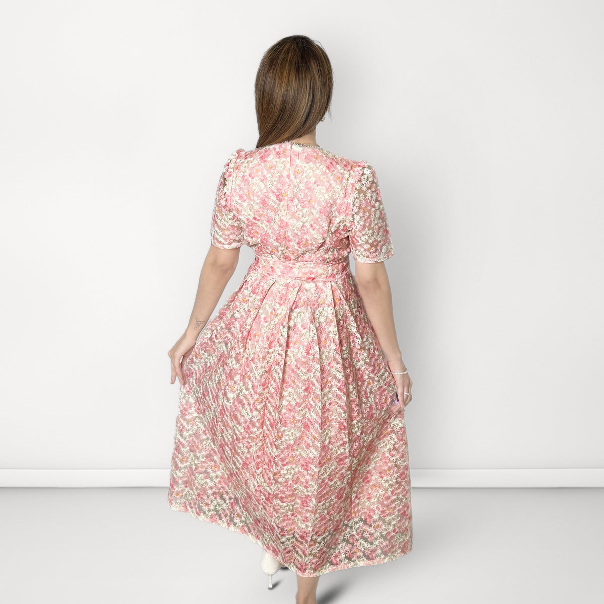 Floral Midi Dress with Belt - Pink