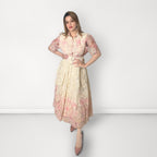 Floral Embroidered Collared Belted Dress - Pink