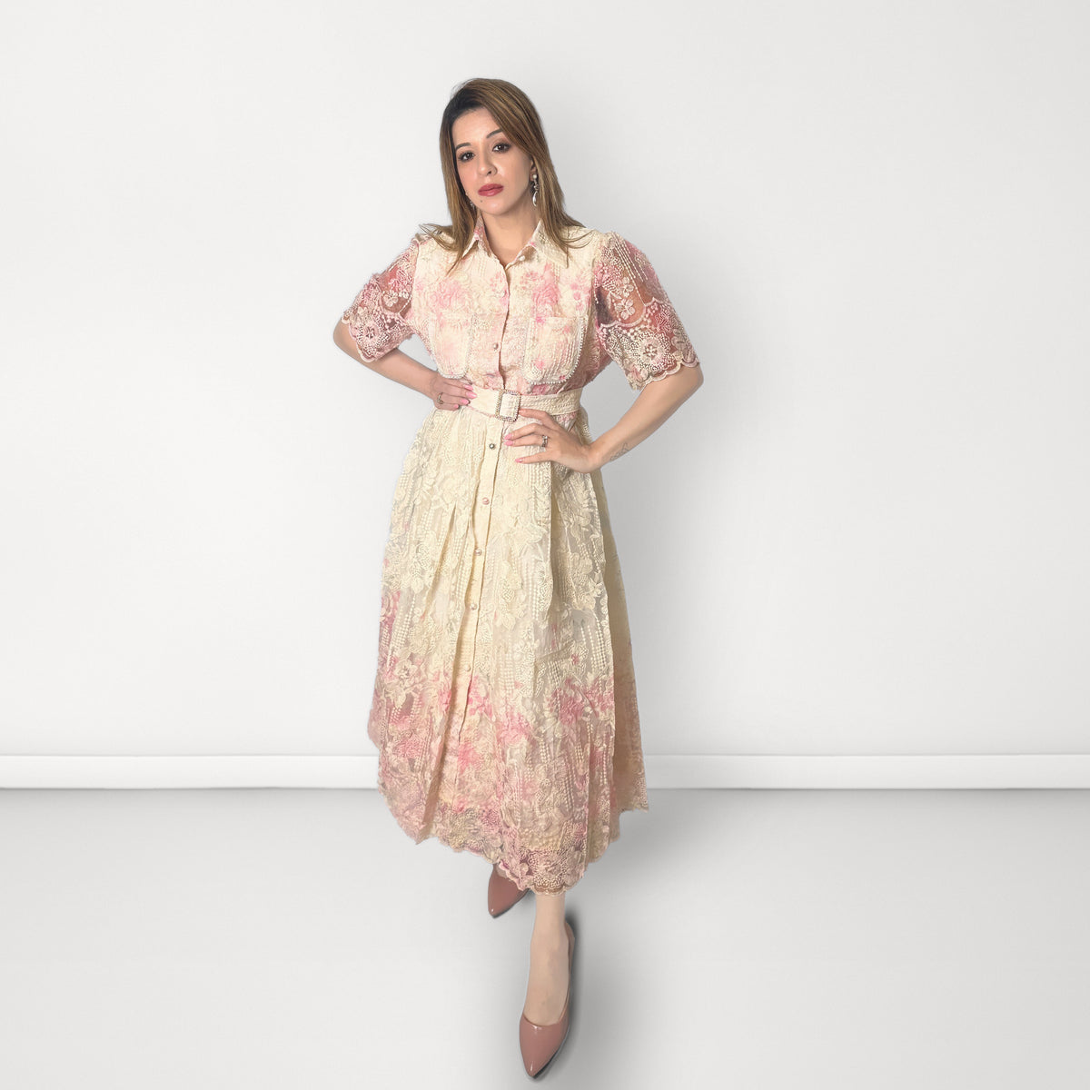 Floral Embroidered Collared Belted Dress - Pink