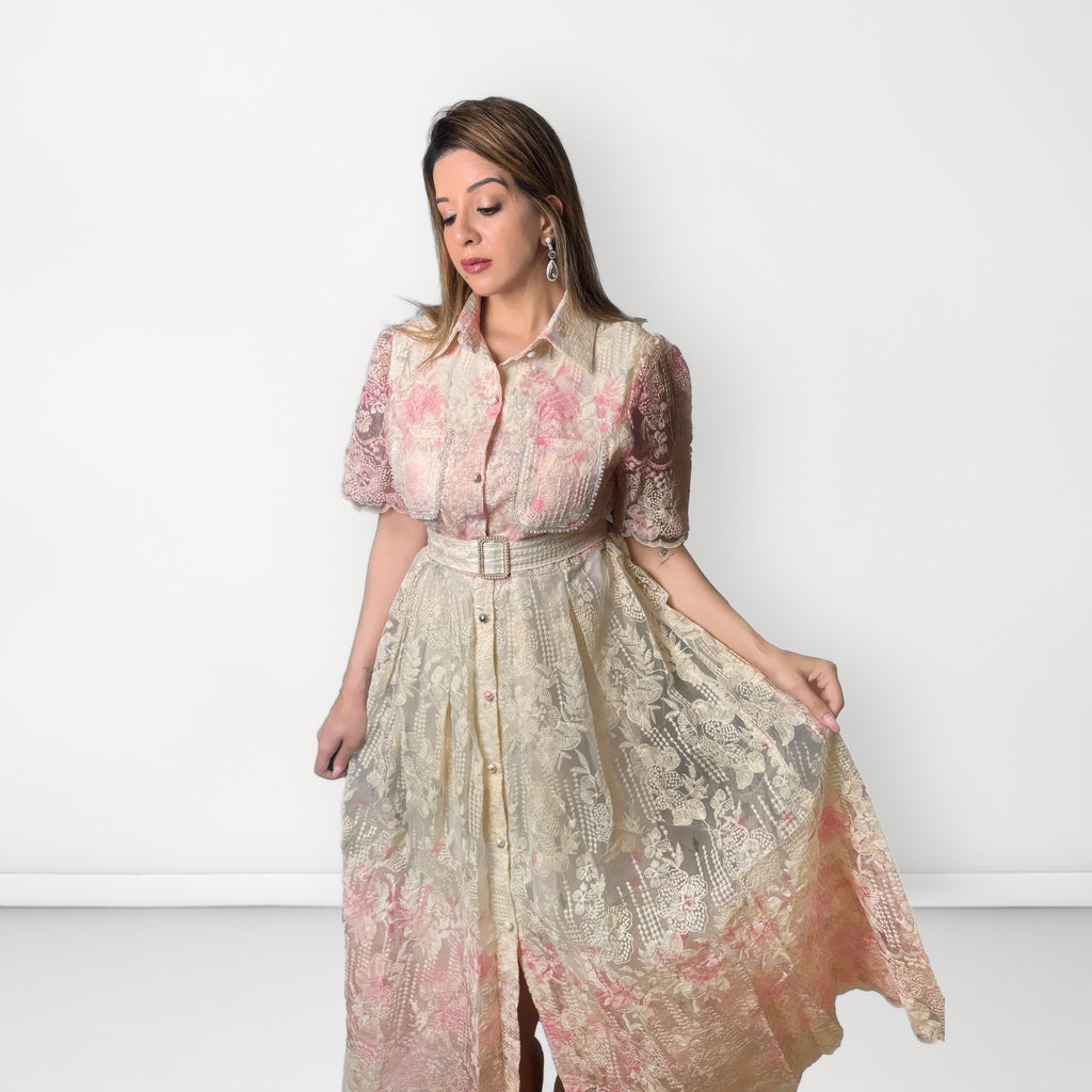 Floral Embroidered Collared Belted Dress - Pink