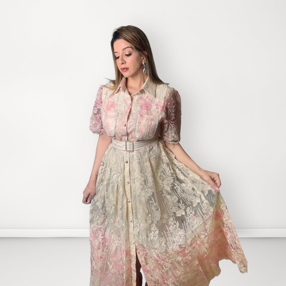 Floral Embroidered Collared Belted Dress - Pink