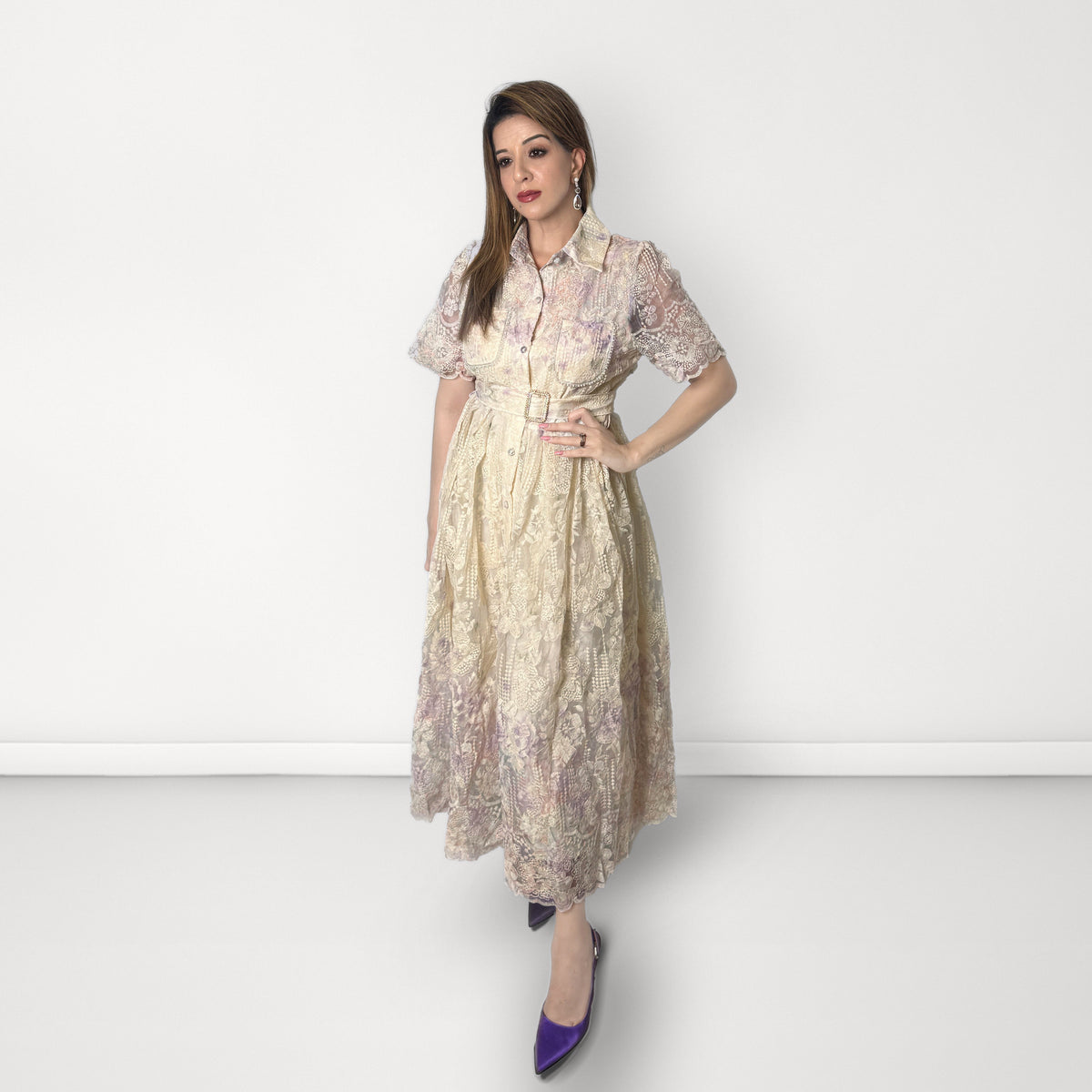 Floral Embroidered Collared Belted Dress - Lavender