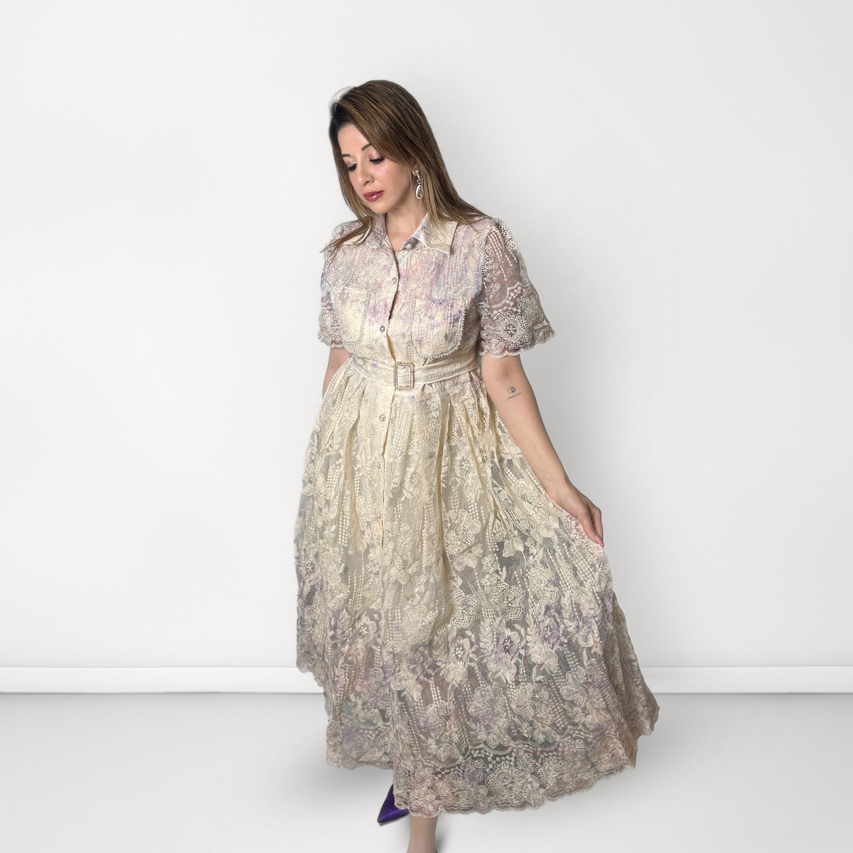 Floral Embroidered Collared Belted Dress - Lavender