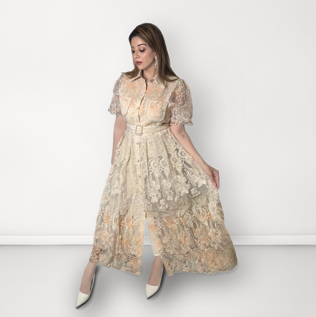 Floral Embroidered Collared Belted Dress - Peach