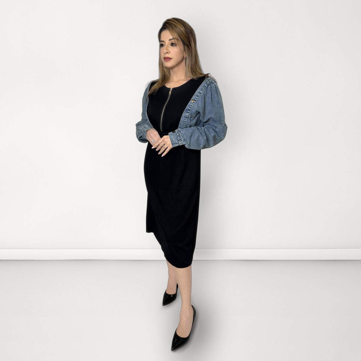Denim Sleeve Midi Dress - Denim Blue