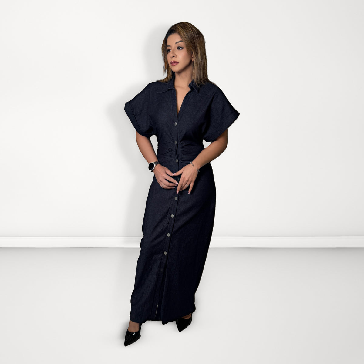 Button-Down Skinny Long Dress - Dark Blue
