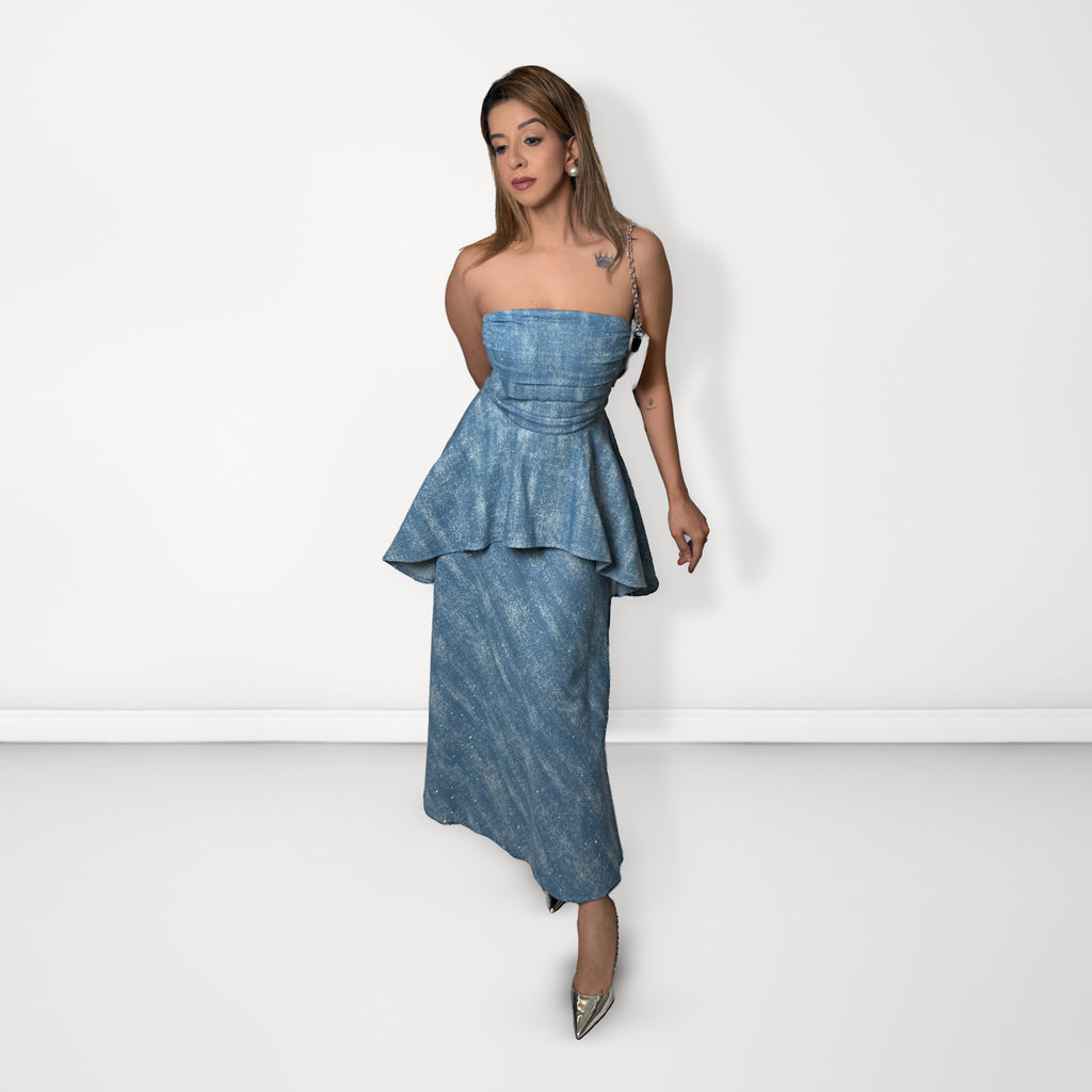 Peplum Tube Dress with Belt - Light Blue