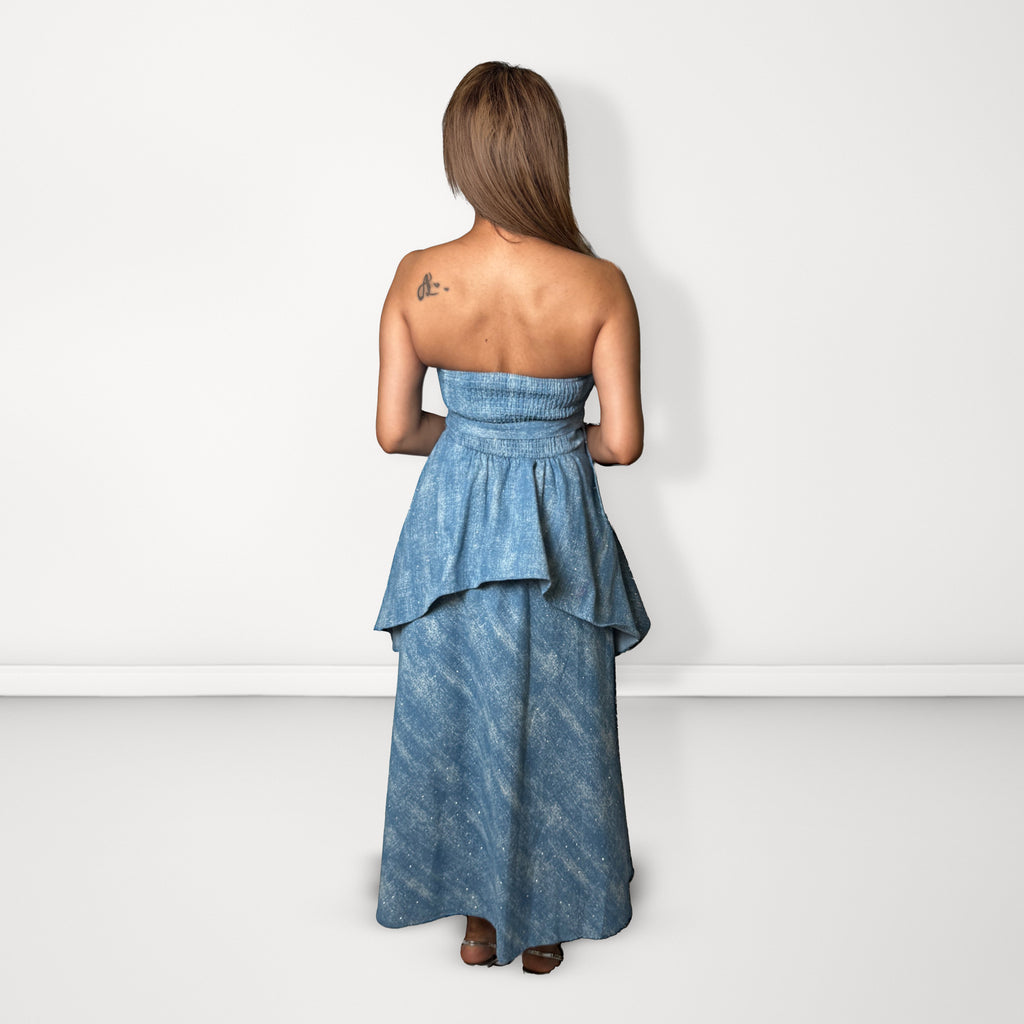 Peplum Tube Dress with Belt - Light Blue