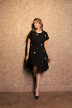 Black Embellished Flared -Line Dress - Black
