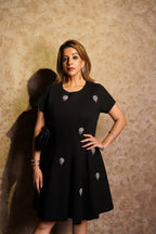 Black Embellished Flared -Line Dress - Black